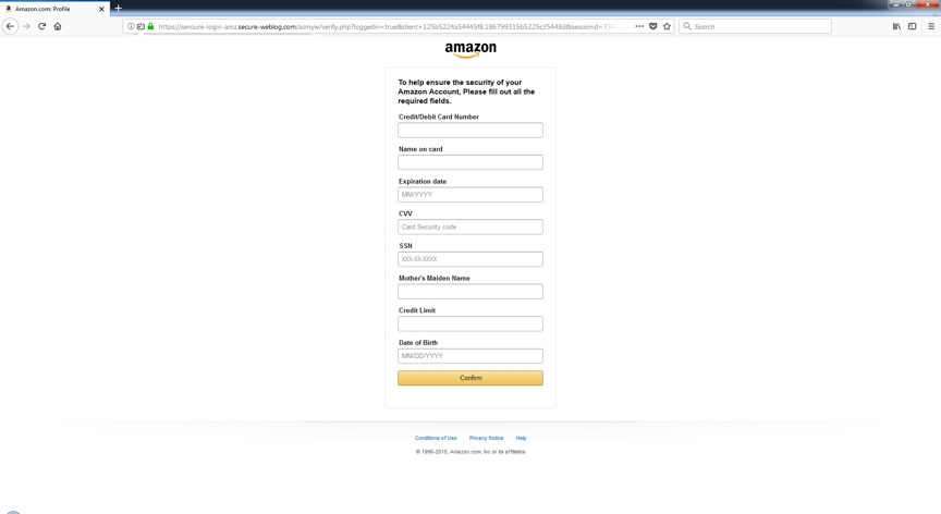 Intento de phishing de un formulario de suplantación de identidad de Amazon