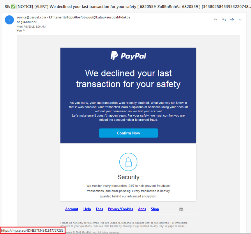 Intento de phishing de suplantación de identidad de PayPal